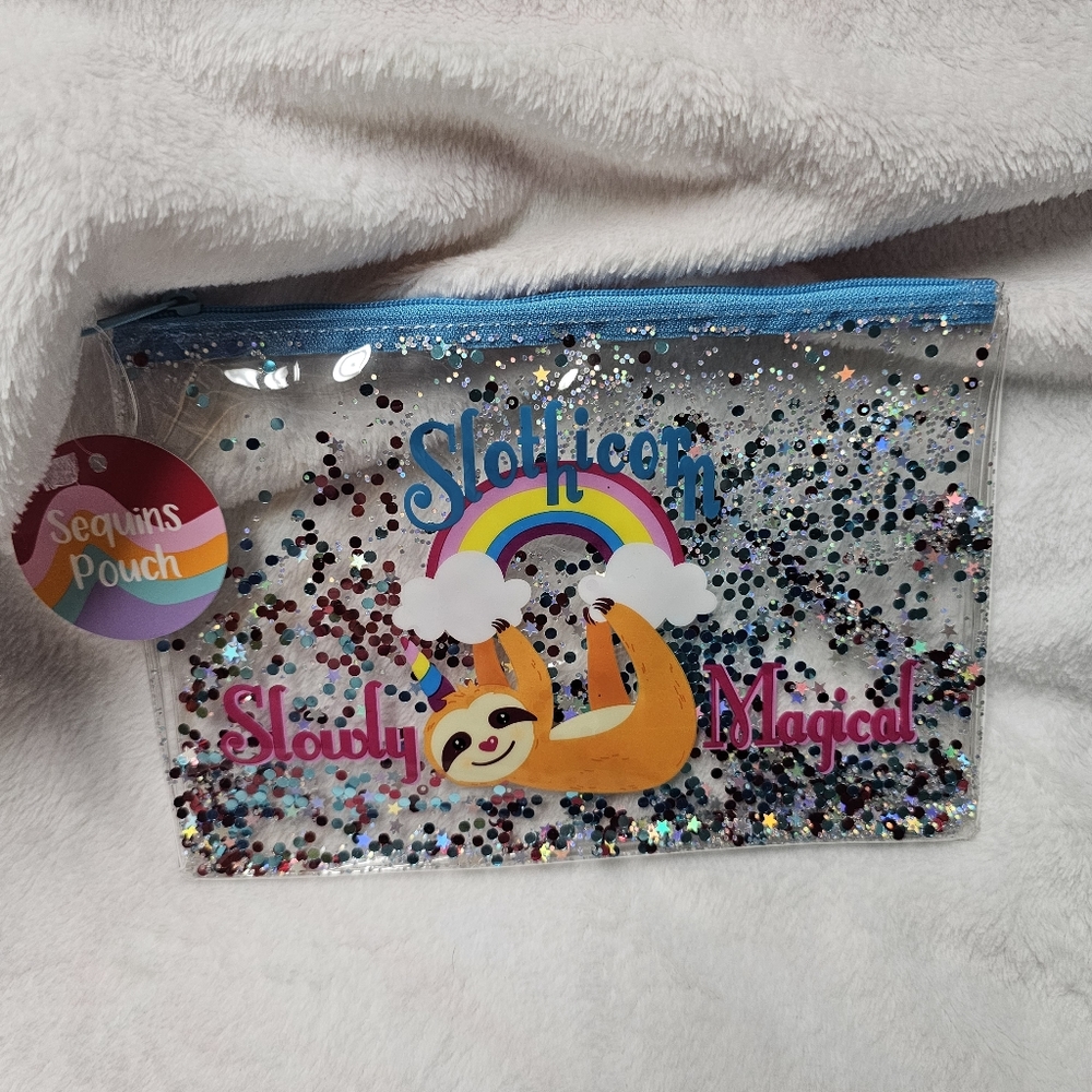 Glitter Sloth Unicorn Rainbow Zippered Fidget Pouch